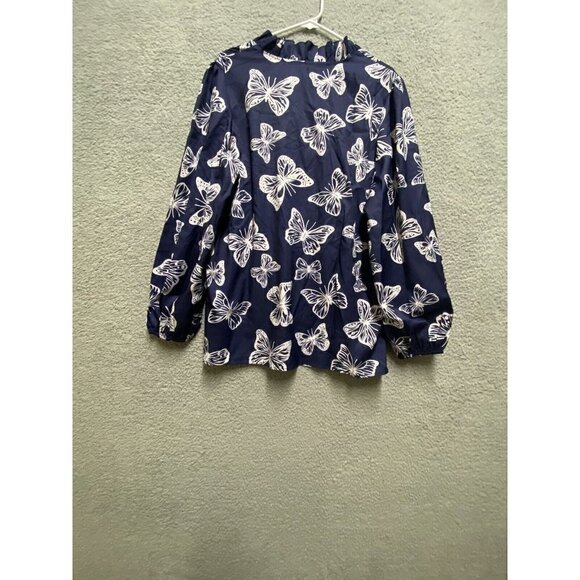 Women’s Blue White Butterfly Print Long Sleeve Ruffled Blouse Top Size XXL - Picture 2 of 7